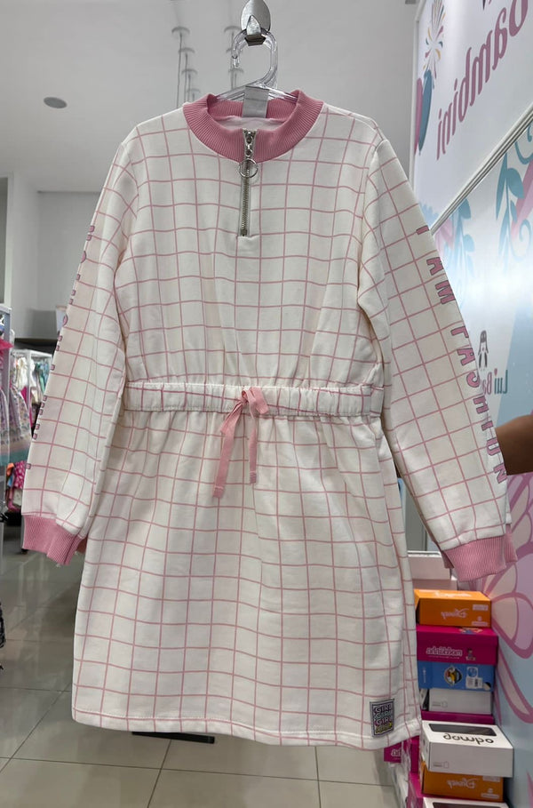 VESTIDO MANGA LONGA QUADRICULADO FASHION COM ZÍPER EM MOLETOM MENINA ALAKAZOO