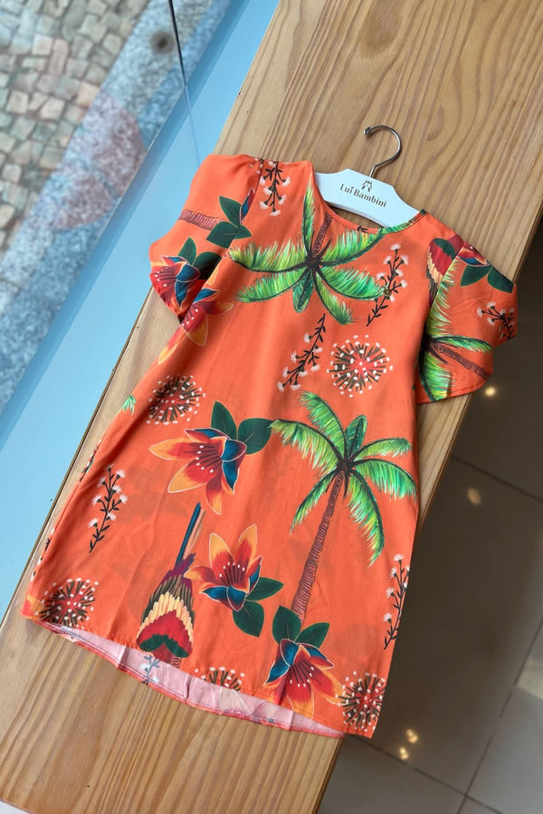 VESTIDO MANGA CURTA VISCOSE COM AMARRAÇÃO COQUEIROS FLORES E ARARA MENINA PULLA BULLA