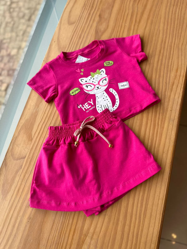 CONJUNTO BLUSA MANGA CURTA LOVE CATS GATINHA ÓCULOS COM SHORT SAIA MENINA LUI BAMBINI