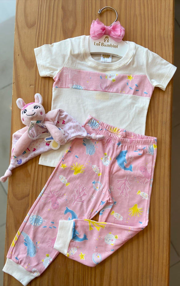 CONJUNTO PIJAMA MANGA CURTA COM CALÇA ANIMAIS MARINHOS MENINA HAVE FUN