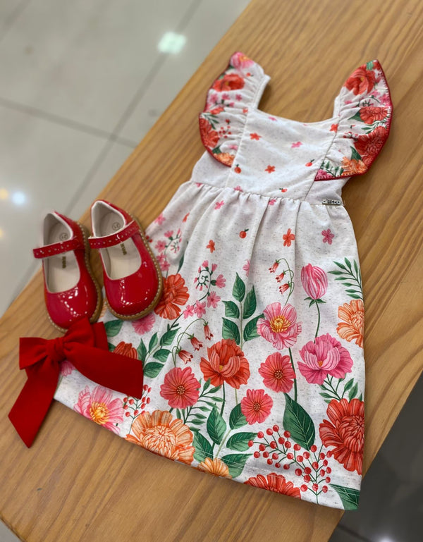 VESTIDO MANGA CURTA FLORAL COM AMARRAÇÃO BABADO E RENDA MENINA INFANTI