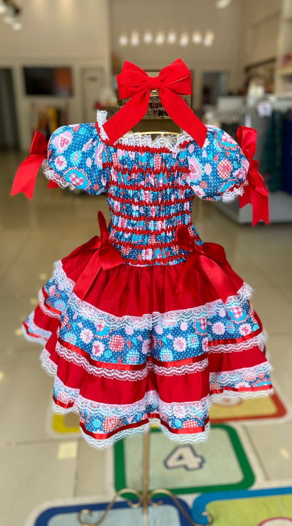 VESTIDO MANGA CURTA EM LASTÉX POÁ COM BABADOS RENDA E LAÇOS MENINA LUI BAMBINI