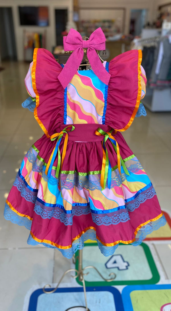 VESTIDO MANGA CURTA FESTA JUNINA ONDAS LAÇO TRÍPLO MENINA LUI BAMBINI