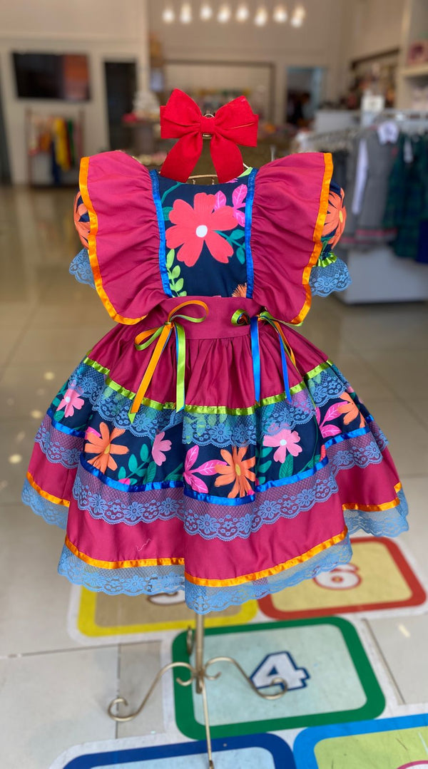 VESTIDO MANGA CURTA FESTA JUNINA FLORAL LAÇO TRÍPLO MENINA LUI BAMBINI