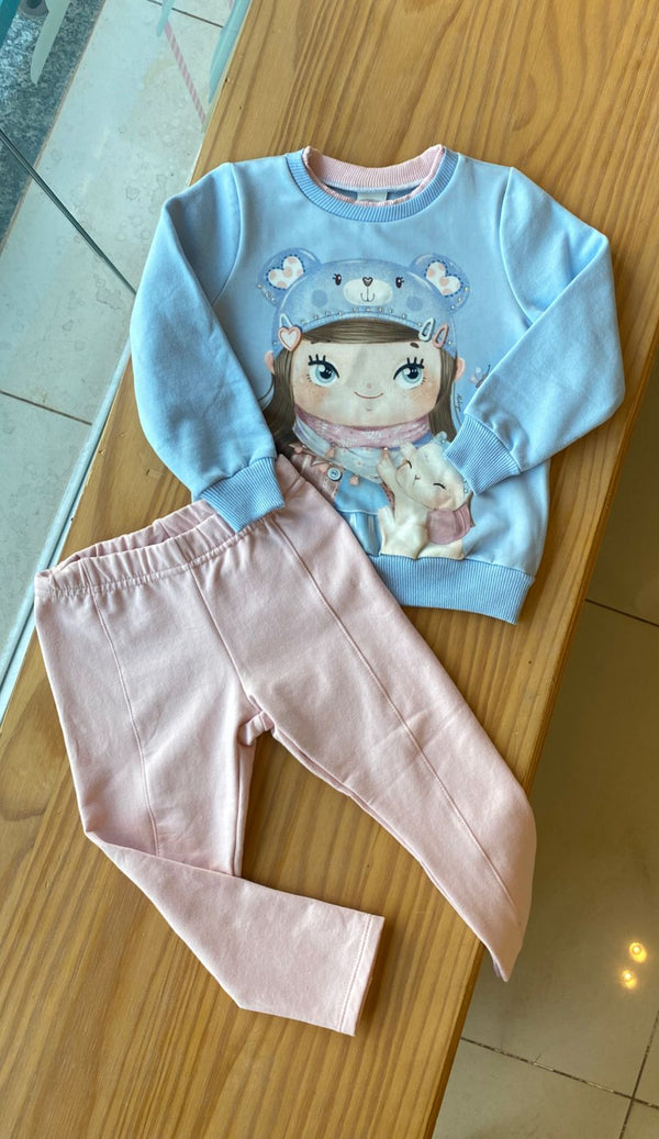 CONJUNTO BLUSA MANGA LONGA E CALÇA MENINA URSO COELHO COM STRASS MENINA ALAKAZOO