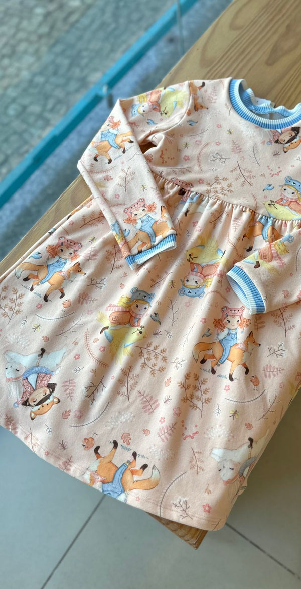 VESTIDO MANGA LONGA EM MALHA SOFT CRIANÇAS E ANIMAIS FLORESTA MENINA ALAKAZOO