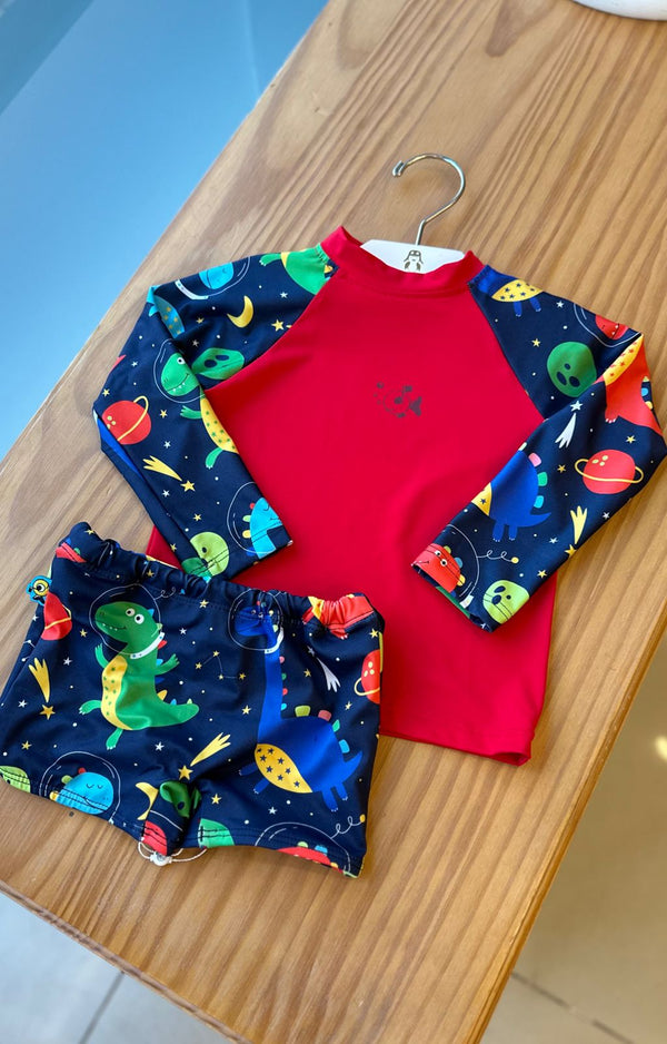 CONJUNTO CAMISETA MANGA LONGA E SUNGA BOXER UV 50+ DINO ESPACIAL MENINO LUI BAMBINI