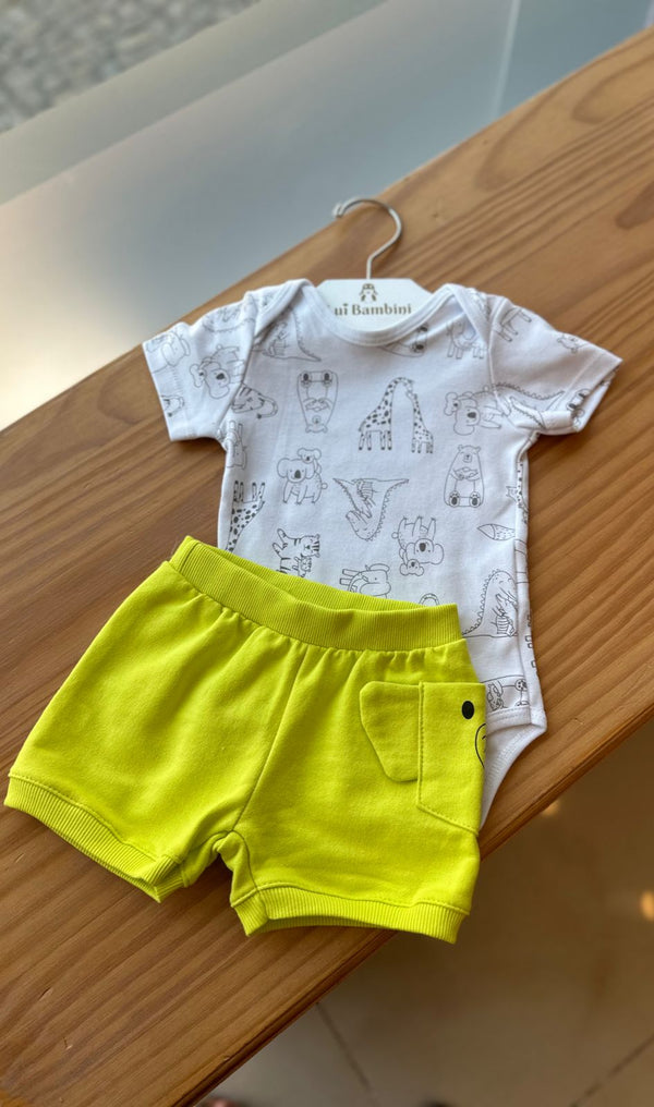 CONJUNTO BODY MANGA CURTA COM BERMUDA BOLSO FAMÍLIA ANIMAL MENINO ALENICE