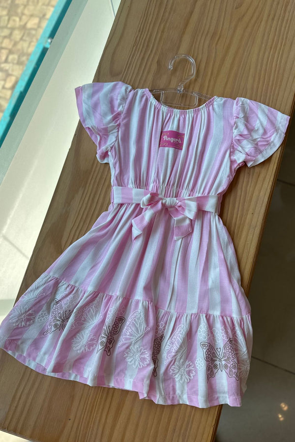 VESTIDO MANGA CURTA MAQUINETADO COM CINTO FIXO FLORES E BORBOLETAS MENINA ANGERÔ