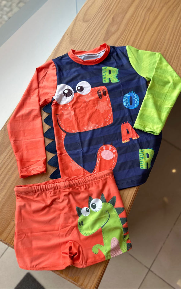 CONJUNTO CAMISETA MANGA LONGA E SUNGA BOXER DINO ROAR LISTRAS MENINO LUI BAMBINI