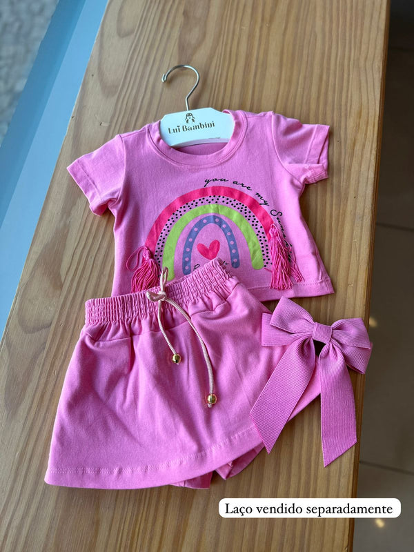 CONJUNTO BLUSA MANGA CURTA ARCO IRIS ROSA E SHORT SAIA MENINA LUI BAMBINI