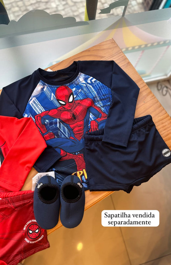 CONJUNTO CAMISETA MANGA LONGA E SUNGA BOXER HOMEM ARANHA UV50+ MENINO FAKINI