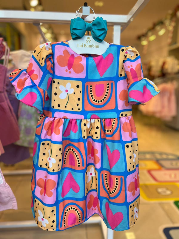 VESTIDO MANGA CURTA COM BOTÃO FLOR BORBOLETA E ARCO ÍRIS MENINA LUI BAMBINI