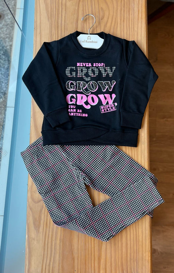 CONJUNTO JAQUETA MOLETOM MANGA LONGA GROW COM STRASS E CALÇA XADREZ PIED DE POULE MENINA BRINCAR