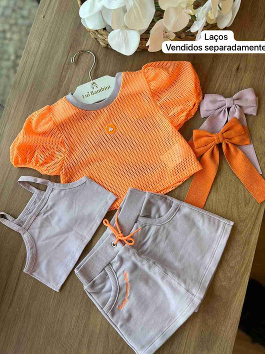 TRIJUNTO BLUSA EM TELA MANGA BUFANTE TOP ALÇA E SHORT MOLETOM MENINA SOMNII