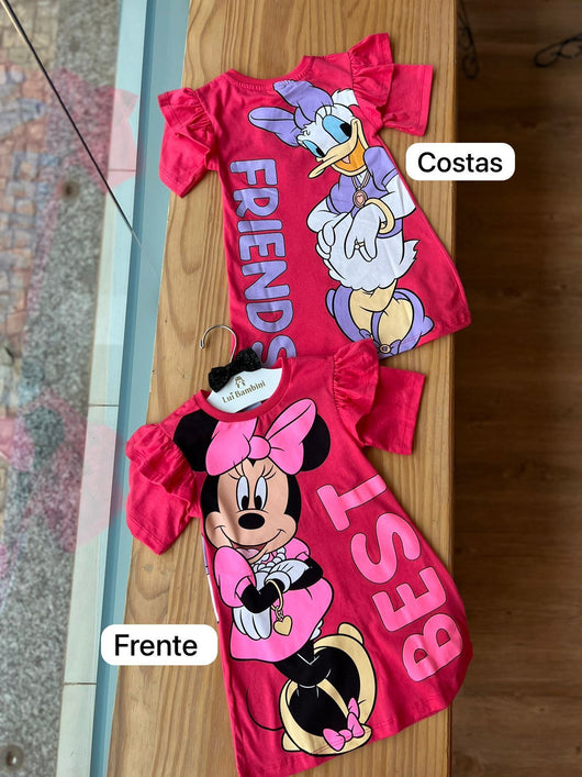 VESTIDO MANGA CURTA BABADOS MINNIE E MARGARIDA GLITTER BEST FRIENDS MENINA FAKINI