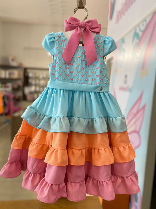 VESTIDO MANGA CURTA MARIAS QUADRICULADO LACOS E CORACOES BORDADOS MENINA PETIT CHERIE PRO45