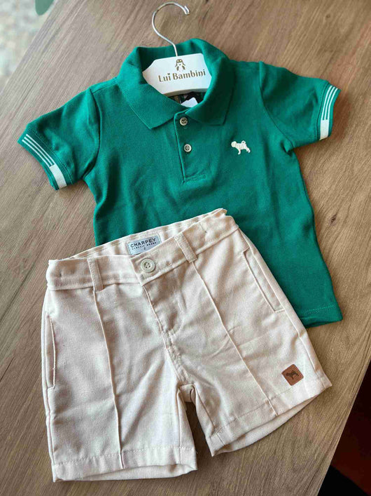 CONJUNTO MANGA CURTA CAMISA POLO PIQUE BERMUDA EM LINHO MENINO CHARPEY