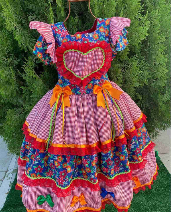 VESTIDO JUNINO MANGA CURTA XADREZ FLORAL RENDADO CORAÇÃO E LAÇOS MENINA LUI BAMBINI