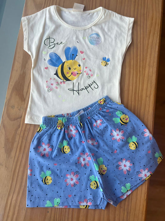 CONJUNTO PIJAMA BLUSA MANGA CURTA ABELHAS E SHORT MENINA ANGERÔ