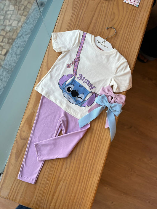 CONJUNTO BLUSA MANGA CURTA STITCH POCHETE COM CALÇA LEGGING MENINA MOMI