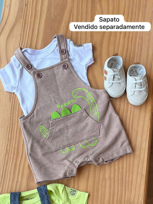 CONJUNTO BODY MANGA CURTA COM MACACÃO BOLSO DINO MENINO FAKINI