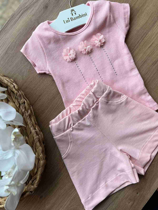 CONJUNTO INFANTIL BLUSA MANGA CURTA FLORES PEROLADO STRASS E SHORT MOLETOM MENINA PULLA BULLA