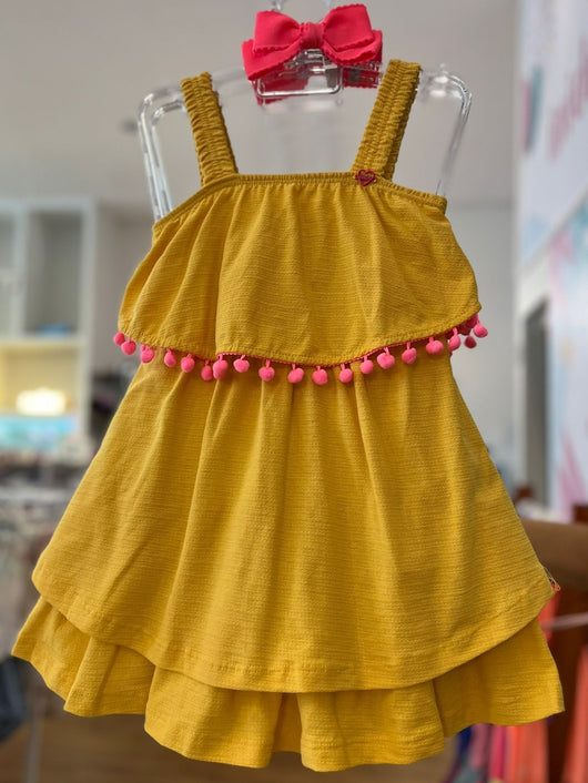 VESTIDO DE ALÇA COM RECORTES SOBREPOSTOS BABADOS E POMPONS MENINA FAKINI