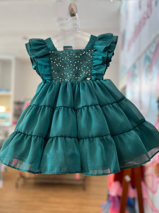 VESTIDO MANGA CURTA BORDADOS COM PAETES E BABADOS MENINA PETIT CHERIE