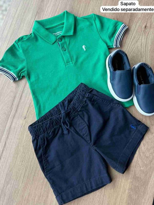 CONJUNTO CAMISA POLO MANGA CURTA LISTRAS EM PIQUET E BERMUDA SARJA BOLSO MENINO ONDA MARINHA