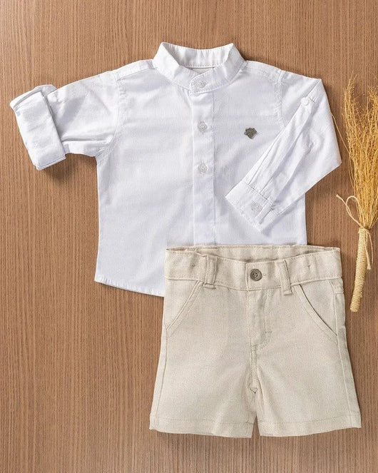 CONJUNTO BATA MANGA LONGA E BERMUDA LINHO BATIZADO MENINO ANJOS BABY