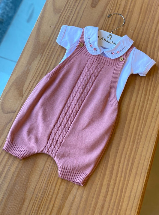 CONJUNTO BODY MANGA CURTA E JARDINEIRA LISTRAS GOLA FLORES BORDADAS MENINA LUI BAMBINI