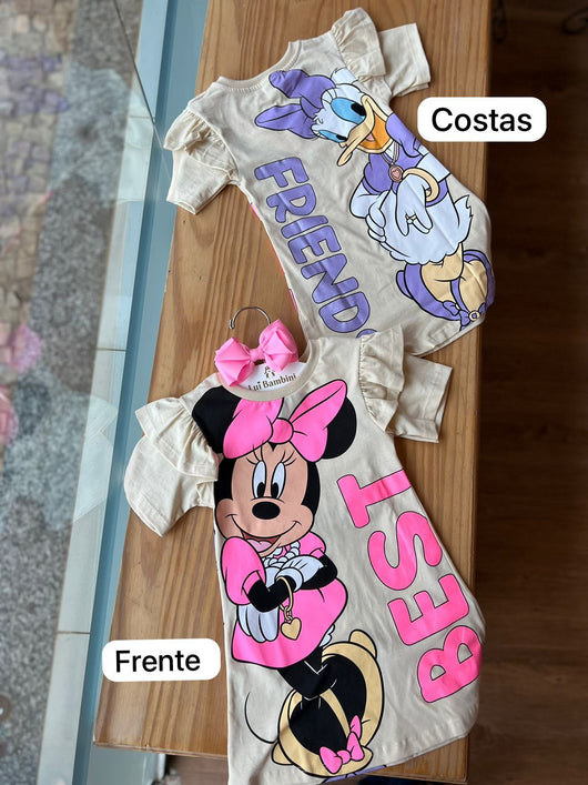 VESTIDO MANGA CURTA BABADOS MINNIE E MARGARIDA GLITTER BEST FRIENDS MENINA FAKINI