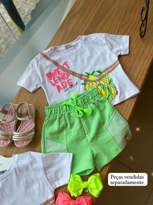 CONJUNTO BLUSA MANGA CURTA LIMÕES GLITTER E SHORT MOLETINHO MENINA FAKINI