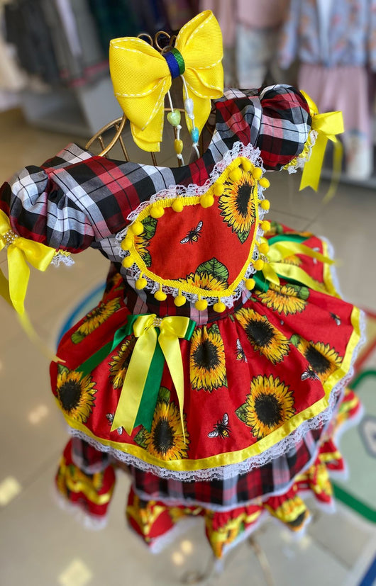 VESTIDO MANGA CURTA FESTA JUNINA QUADRILHA XADREZ CORAÇÃO ABELHA MENINA LUI BAMBINI