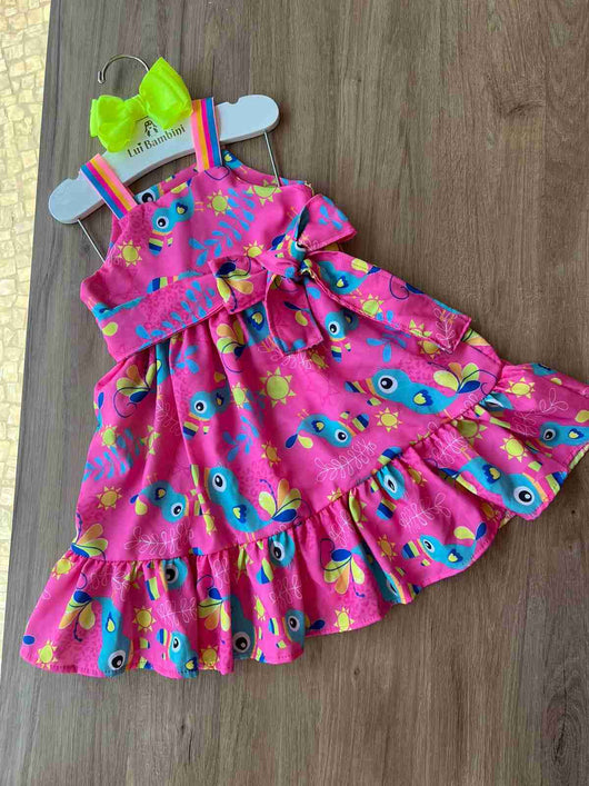 VESTIDO ALÇA BORDADA COM CINTO FAIXA PÁSSAROS FOLHAS E SÓIS MENINA LUI BAMBINI