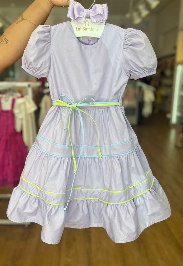 VESTIDO MANGA CURTA MIDI EM TRICOLINE COM CINTO DE FITAS E ZÍPER MENINA 1+1