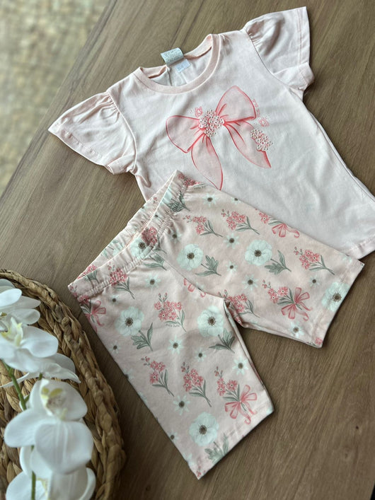 CONJUNTO INFANTIL BLUSA MANGA CURTA LAÇO STRASS E BERMUDA FLORES MENINA PULLA BULLA