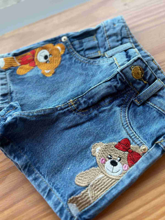 SHORT JEANS COM AJUSTE TED E BIA URSOS BORDADOS MENINA LUI BAMBINI