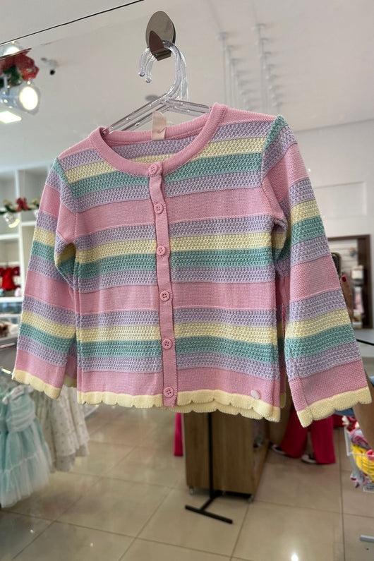 BLUSA CARDIGAN MANGA LONGA EM TRICÔ LISTRADA COM BOTÕES MENINA MINI LADY