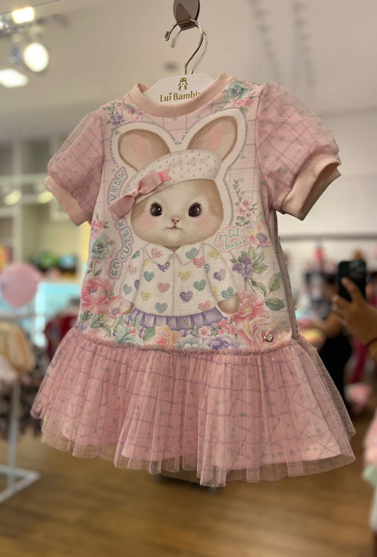 VESTIDO MANGA CURTA TULE GATINHA FLORAL COM LACINHO E STRASS MENINA PETIT CHERIE