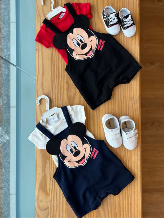 CONJUNTO BODY MANGA CURTA COM MACACÃO MICKEY MOUSE MENINO FAKINI