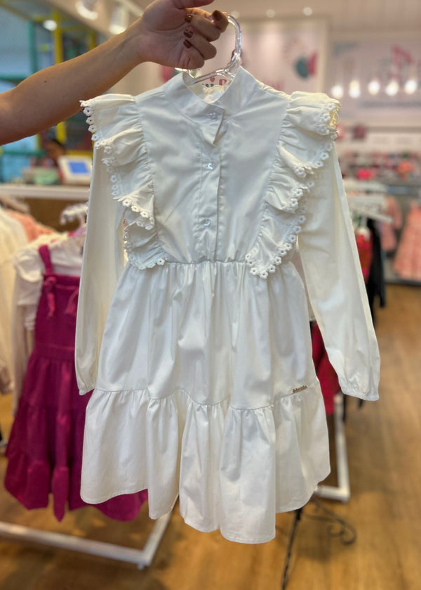 VESTIDO BATIZADO MANGA LONGA COM GOLA ALTA EM RENDA FLORAL E BABADOS MENINA LULUZINHA