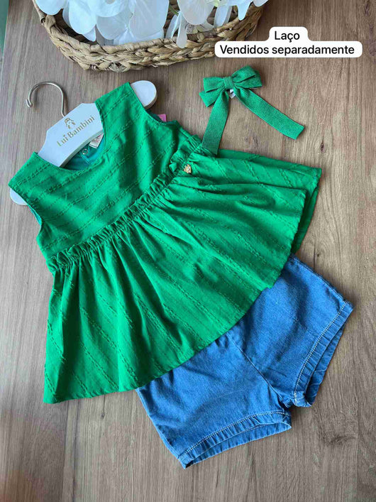 CONJUNTO BLUSA REGATA TRICOLINE BATA E SHORT JEANS MENINA KUKIÊ