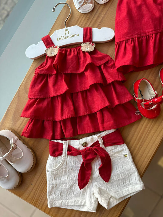 CONJUNTO BATA COM ALÇA BORDADO URSOS E BERMUDA LINHO CINTO LAÇO MENINA ANJOS BABY