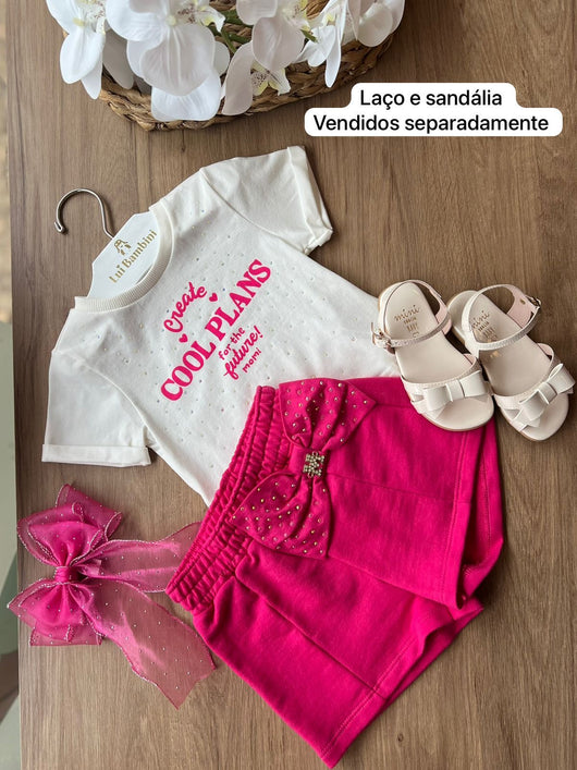 CONJUNTO BLUSA MANGA CURTA DOBRADA SHORT LAÇO COM STRASS COOL PLANS MENINA MOMI