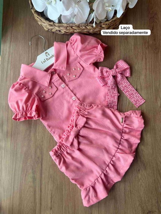 CONJUNTO CAMISA MANGA CURTA E SAIA PÉROLAS E STRASS MENINA INFANTI