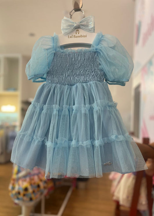 VESTIDO MANGA CURTA BUFANTE EM TULE COM GLITTER E LASTEX MENINA MON SUCRE