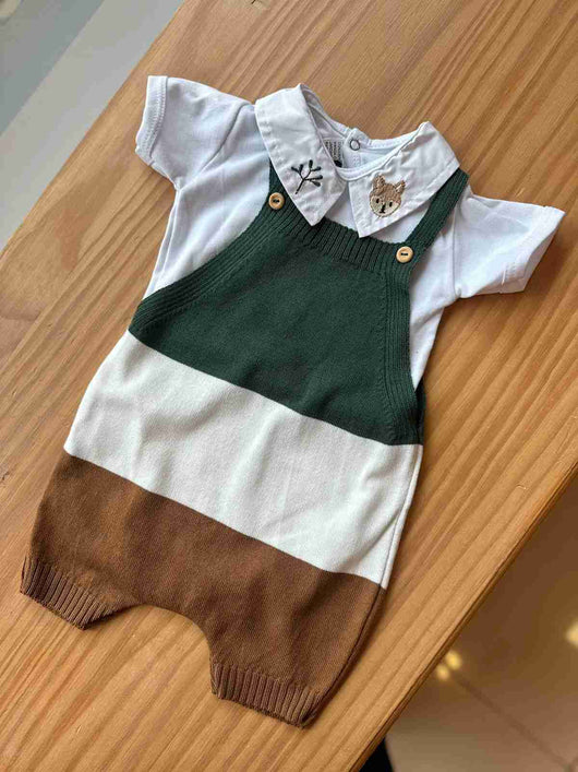 CONJUNTO BODY MANGA CURTA E JARDINEIRA TRICÔ RAPOSA LISTRA BORDADOS MENINO LUI BAMBINI