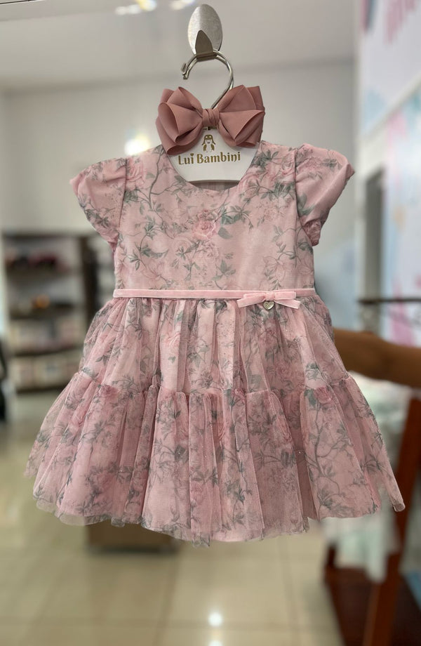 VESTIDO MANGA CURTA BABADO COM TULE FLORAL E LAÇO MENINA PETIT CHERIE